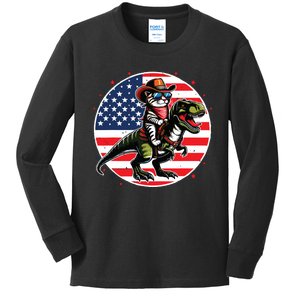 Funny Cowboy Cat Riding Dinosaur Usa Flag Trex 4th Of July Kids Long Sleeve Shirt