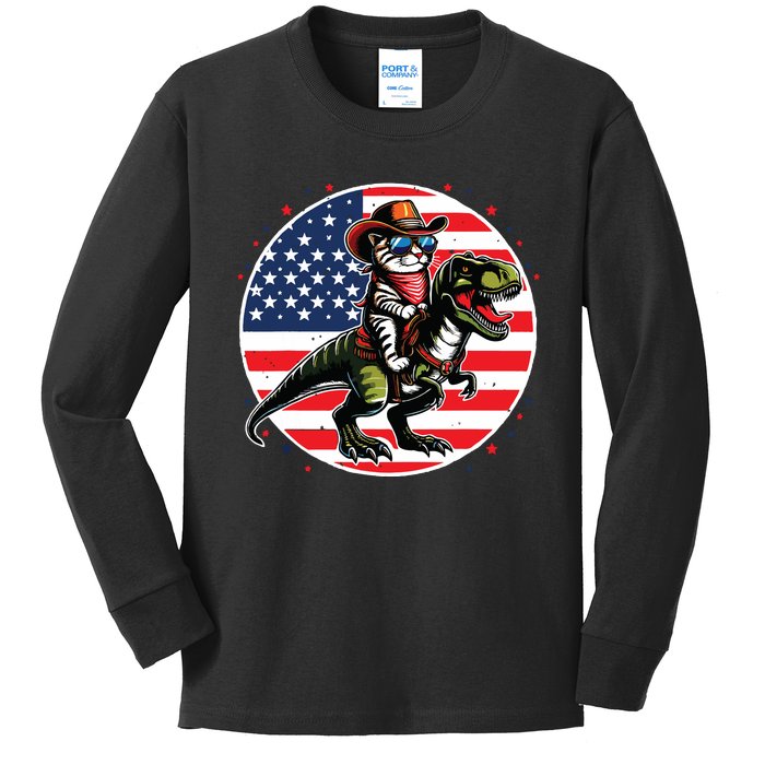 Funny Cowboy Cat Riding Dinosaur Usa Flag Trex 4th Of July Kids Long Sleeve Shirt