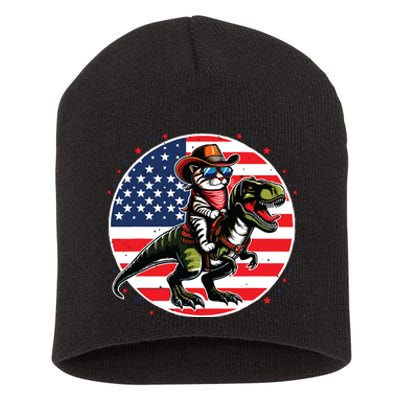 Funny Cowboy Cat Riding Dinosaur Usa Flag Trex 4th Of July Short Acrylic Beanie