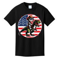 Funny Cowboy Cat Riding Dinosaur Usa Flag Trex 4th Of July Kids T-Shirt