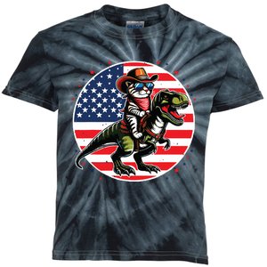 Funny Cowboy Cat Riding Dinosaur Usa Flag Trex 4th Of July Kids Tie-Dye T-Shirt