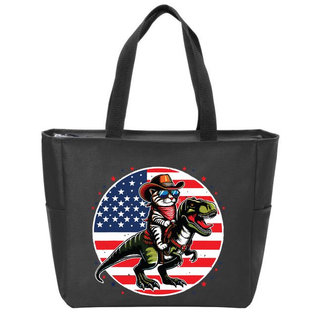 Funny Cowboy Cat Riding Dinosaur Usa Flag Trex 4th Of July Zip Tote Bag