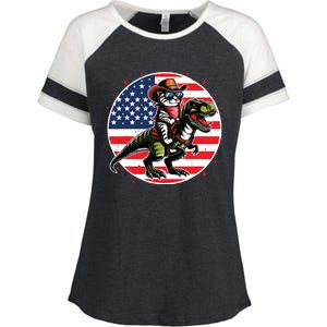 Funny Cowboy Cat Riding Dinosaur Usa Flag Trex 4th Of July Enza Ladies Jersey Colorblock Tee