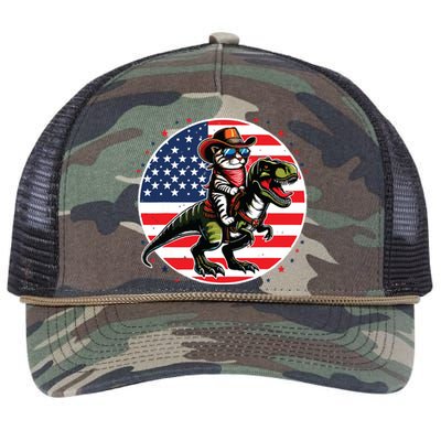 Funny Cowboy Cat Riding Dinosaur Usa Flag Trex 4th Of July Retro Rope Trucker Hat Cap