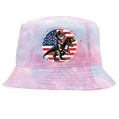 Funny Cowboy Cat Riding Dinosaur Usa Flag Trex 4th Of July Tie-Dyed Bucket Hat