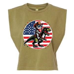 Funny Cowboy Cat Riding Dinosaur Usa Flag Trex 4th Of July Garment-Dyed Women's Muscle Tee