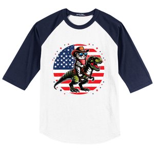 Funny Cowboy Cat Riding Dinosaur Usa Flag Trex 4th Of July Baseball Sleeve Shirt