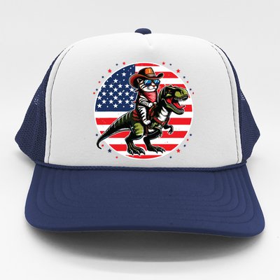 Funny Cowboy Cat Riding Dinosaur Usa Flag Trex 4th Of July Trucker Hat