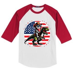 Funny Cowboy Cat Riding Dinosaur Usa Flag Trex 4th Of July Kids Colorblock Raglan Jersey