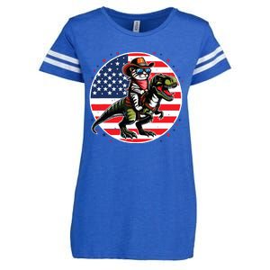 Funny Cowboy Cat Riding Dinosaur Usa Flag Trex 4th Of July Enza Ladies Jersey Football T-Shirt