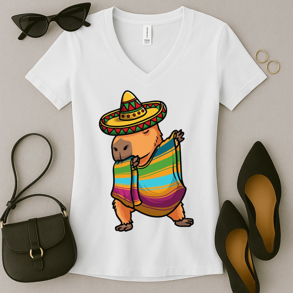 Funny Capybara Cinco De Mayo Rodent Dab Mexican Gift Women's V-Neck T-Shirt