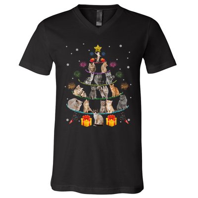 Funny Cats Christmas Tree Meowy Xmas Cats Tree Lights Gift V-Neck T-Shirt