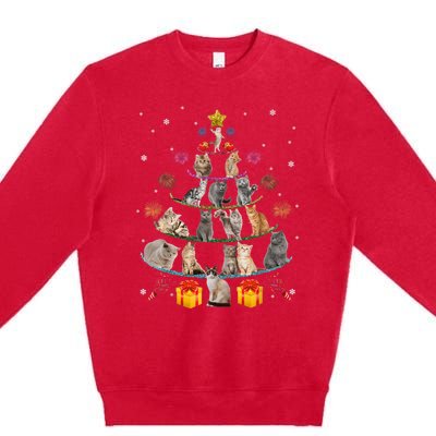 Funny Cats Christmas Tree Meowy Xmas Cats Tree Lights Gift Premium Crewneck Sweatshirt