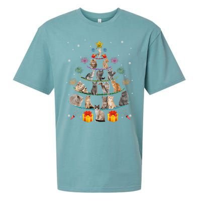 Funny Cats Christmas Tree Meowy Xmas Cats Tree Lights Gift Sueded Cloud Jersey T-Shirt