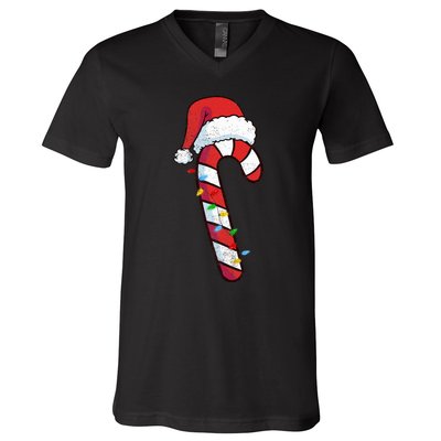 funny Christmas Candy Cane Santa  V-Neck T-Shirt