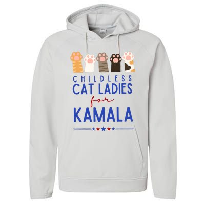 Funny Childless Cat Ladies For Kamala Harris 2024 President Performance Fleece Hoodie