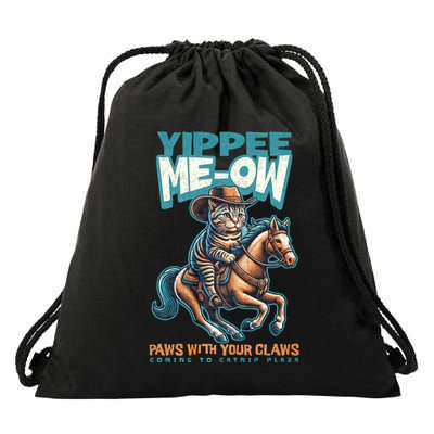 Funny Cat Cowboy Yippee Meow Drawstring Bag