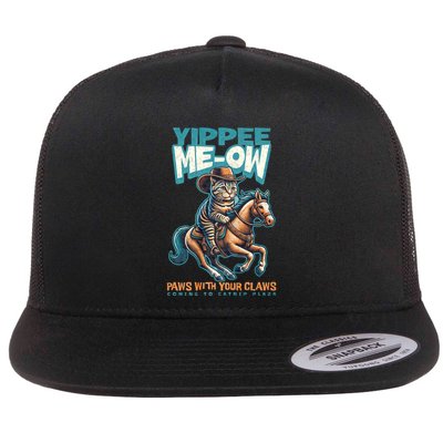 Funny Cat Cowboy Yippee Meow Flat Bill Trucker Hat