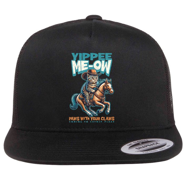 Funny Cat Cowboy Yippee Meow Flat Bill Trucker Hat