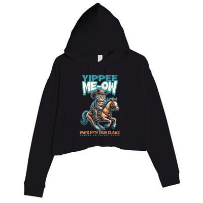 Funny Cat Cowboy Yippee Meow Crop Fleece Hoodie