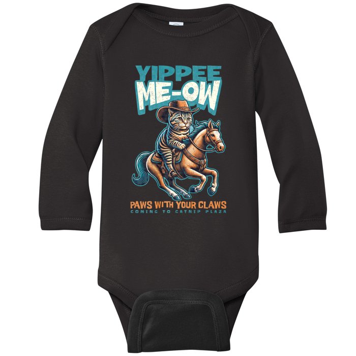 Funny Cat Cowboy Yippee Meow Baby Long Sleeve Bodysuit