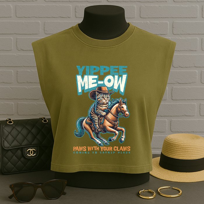 Funny Cat Cowboy Yippee Meow Garment-Dyed Women's Muscle Tee