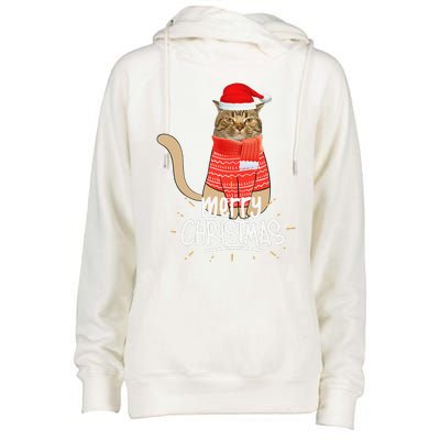 Funny Christmas Cat For Cat Lovers Santa Hat Merry Christmas Womens Funnel Neck Pullover Hood