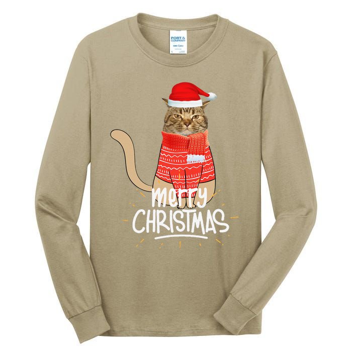 Funny Christmas Cat For Cat Lovers Santa Hat Merry Christmas Tall Long Sleeve T-Shirt