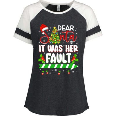 Funny Christmas Couples Gift Dear Santa It Was Her Fault Cute Gift Enza Ladies Jersey Colorblock Tee