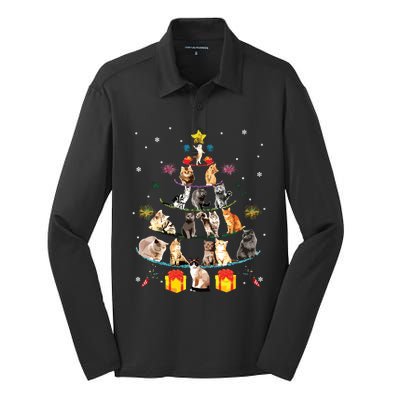 Funny Cats Christmas Tree Meowy Xmas Cats Tree Lights Gift Silk Touch Performance Long Sleeve Polo