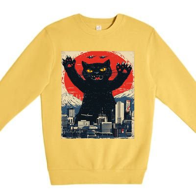 Funny Catzilla Cat Monster Cat Meowzilla Ukiyoe Catzilla Premium Crewneck Sweatshirt