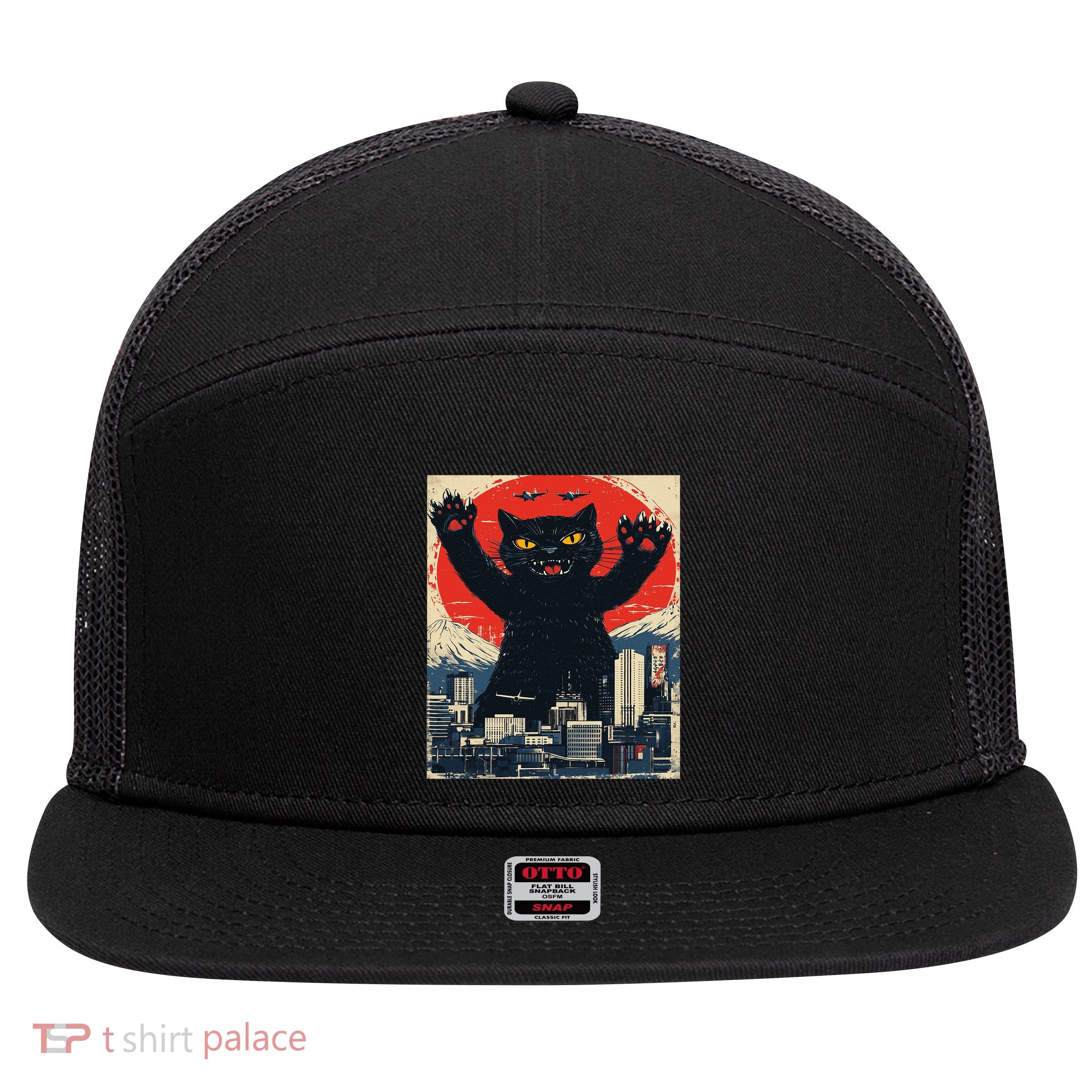 Funny Catzilla Cat Monster Cat Meowzilla Ukiyoe Catzilla 7 Panel Mesh Trucker Snapback Hat
