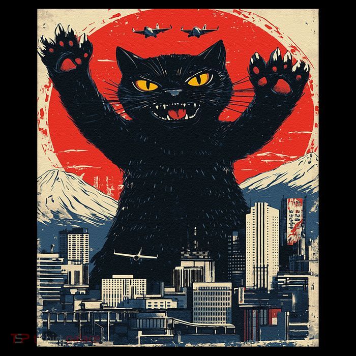 Funny Catzilla Cat Monster Cat Meowzilla Ukiyoe Catzilla 7-Panel Snapback Hat