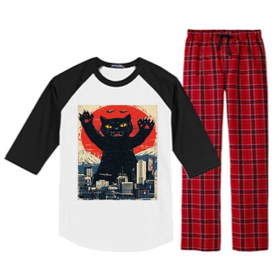 Funny Catzilla Cat Monster Cat Meowzilla Ukiyoe Catzilla Raglan Sleeve Pajama Set