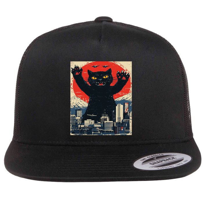 Funny Catzilla Cat Monster Cat Meowzilla Ukiyoe Catzilla Flat Bill Trucker Hat