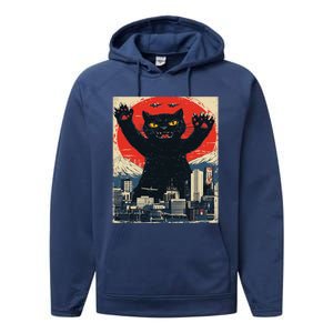 Funny Catzilla Cat Monster Cat Meowzilla Ukiyoe Catzilla Performance Fleece Hoodie