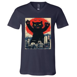 Funny Catzilla Cat Monster Cat Meowzilla Ukiyoe Catzilla V-Neck T-Shirt