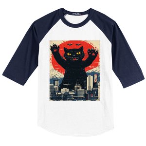 Funny Catzilla Cat Monster Cat Meowzilla Ukiyoe Catzilla Baseball Sleeve Shirt