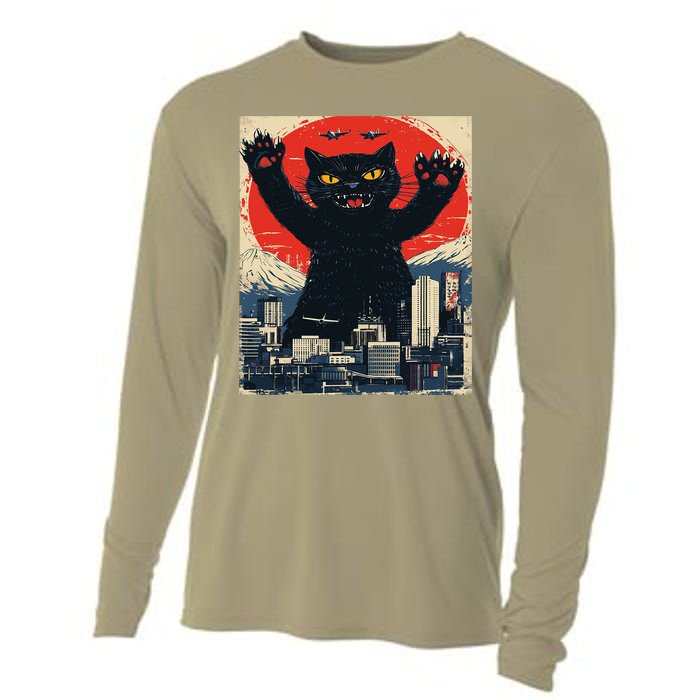 Funny Catzilla Cat Monster Cat Meowzilla Ukiyoe Catzilla Cooling Performance Long Sleeve Crew