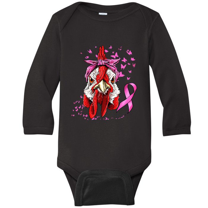 Funny Chicken Chick Breast Cancer Awareness Pink Ribbon Baby Long Sleeve Bodysuit