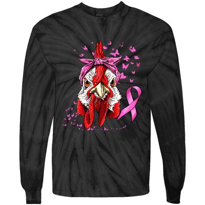 Funny Chicken Chick Breast Cancer Awareness Pink Ribbon Tie-Dye Long Sleeve Shirt