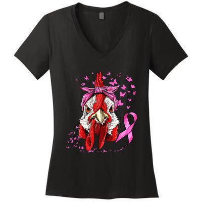 Funny Chicken Chick Breast Cancer Awareness Pink Ribbon Women's V-Neck T-Shirt