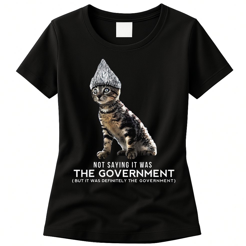 Funny Conspiracy Cat Tin Foil Hat Government Gift Womens T-Shirt