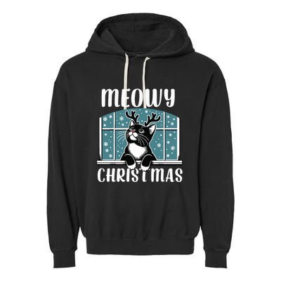 Funny Christmas Cat Reindeer Antlers Meowy Christmas Garment-Dyed Fleece Hoodie