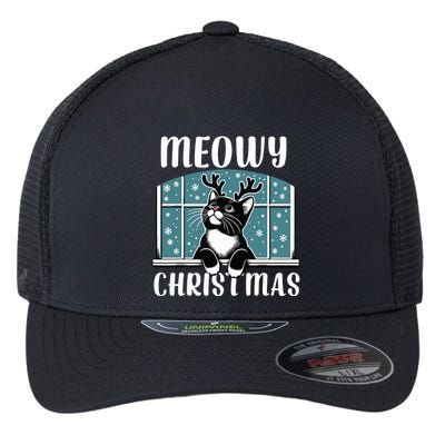 Funny Christmas Cat Reindeer Antlers Meowy Christmas Flexfit Unipanel Trucker Cap