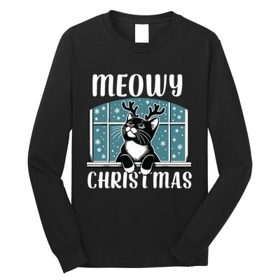 Funny Christmas Cat Reindeer Antlers Meowy Christmas Long Sleeve Shirt