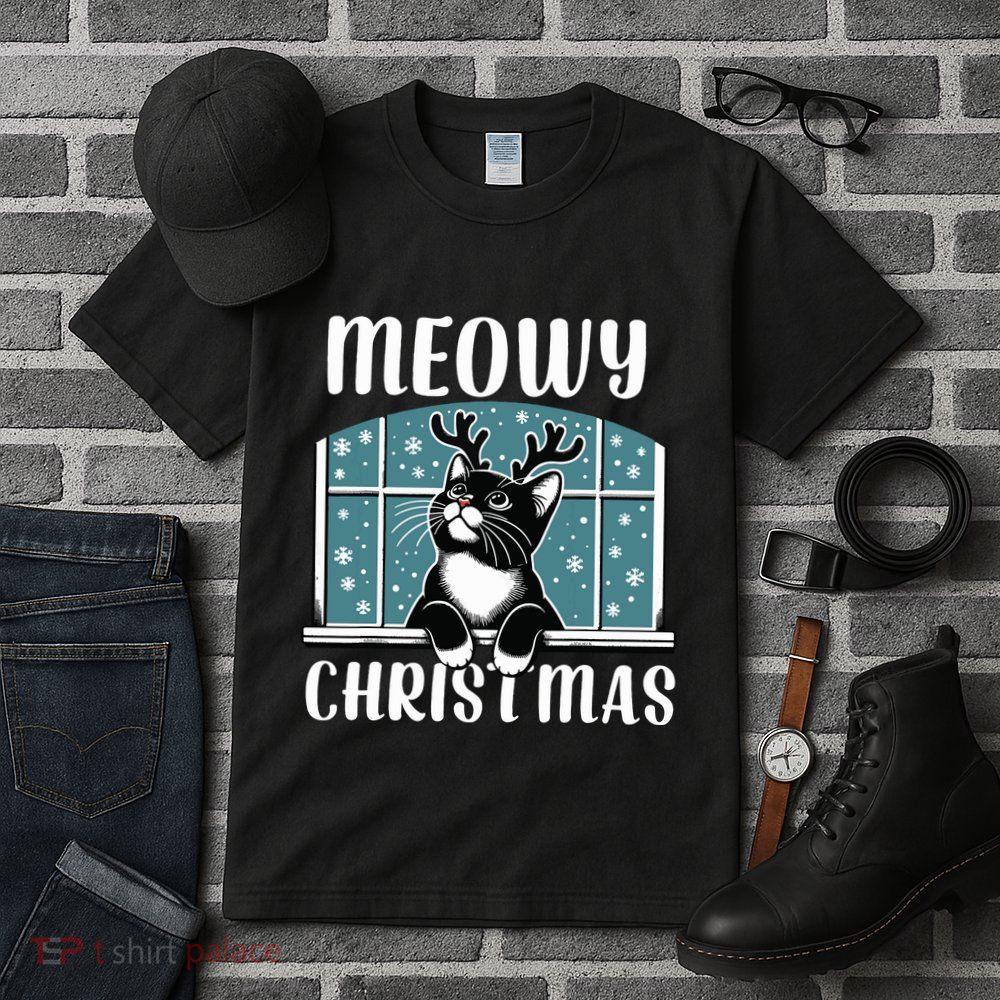 Funny Christmas Cat Reindeer Antlers Meowy Christmas Tall T-Shirt