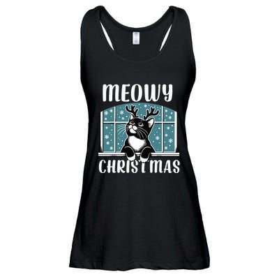 Funny Christmas Cat Reindeer Antlers Meowy Christmas Ladies Essential Flowy Tank
