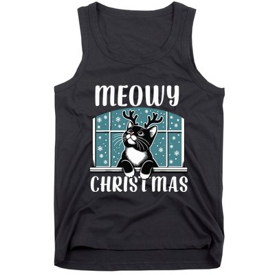 Funny Christmas Cat Reindeer Antlers Meowy Christmas Tank Top