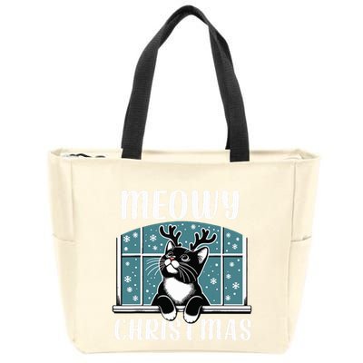 Funny Christmas Cat Reindeer Antlers Meowy Christmas Zip Tote Bag